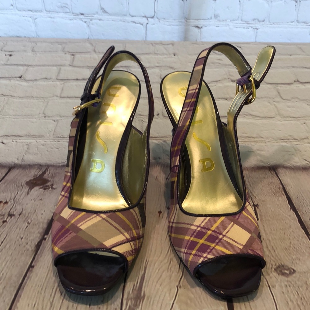 Unisa Heels Purple Plaid Open Toe Sling Back Pumps Size 7.5